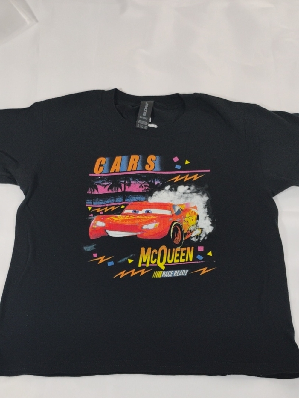 Gildan Black Kids Lightning McQueen Graphic Tee with Red and Yellow Print